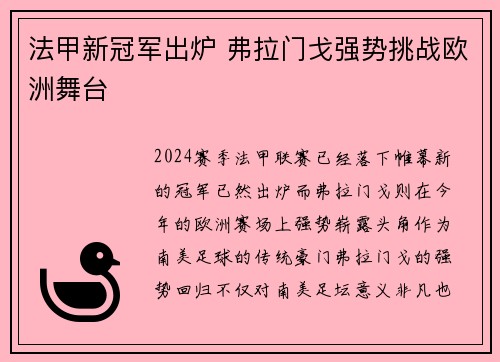 法甲新冠军出炉 弗拉门戈强势挑战欧洲舞台