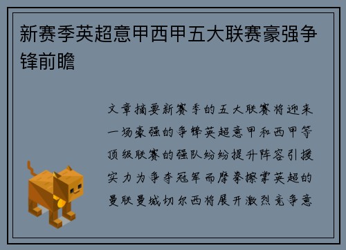 新赛季英超意甲西甲五大联赛豪强争锋前瞻
